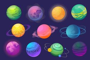 fantasía planetas conjunto gráfico elementos en plano diseño. haz de vistoso resumen cósmico planetas con órbitas, agujeros, satélites y anillos para fantástico galaxia. vector ilustración aislado objetos