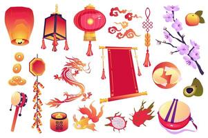 Chinese culture symbols set graphic elements in flat design. Bundle of red sky lanterns, coins, dragon, candles, dragonfruit, sakura branch, persimmon, and other. Vector illustration isolated objects