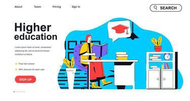 Higher education concept for landing page template. Student reads book, prepares for graduate exams. Study at university people scene. Vector illustration with flat character design for web banner