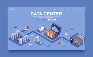 Data center concept 3d isometric landing page template. People control and monitor operation of data processing equipment, maintain of servers. Vector illustration in isometry graphic design.