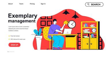 Exemplary management concept for landing page template. Man working on laptop in office. Successful workflow organization people scene. Vector illustration with flat character design for web banner