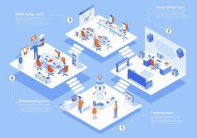 diseñador estudio concepto 3d isométrica web escena con infografía. personas trabajo a diferente creatividad habitaciones, reunión y lluvia de ideas a agencia oficina. vector ilustración en isometria gráfico diseño