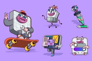 Development concept with 3d cute cartoon characters set. Funny avatars of tools for illustrator, designer, programmer, developer and creative worker. Vector illustration with comic mascots design