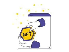 NFT token concept with character situation. Online marketplaces and virtual auctions for selling and buying unique digital artworks. Vector illustration with people scene in flat design for web