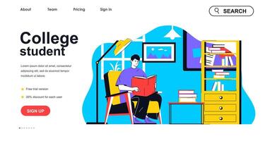 College student concept for landing page template. Young man reading book and learns subject from textbook. Study at library people scene. Vector illustration with flat character design for web banner