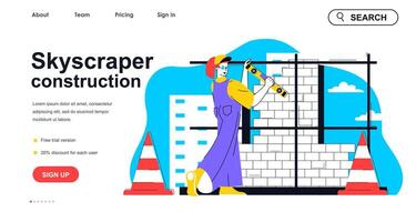 Skyscraper construction concept for landing page template. Woman engineer working on building site. Real estate business people scene. Vector illustration with flat character design for web banner