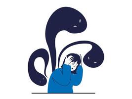 Mental health concept with character situation. Frightened woman experiencing panic attack or phobia from monsters black silhouettes. Vector illustration with people scene in flat design for web