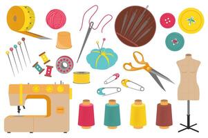 Sewing tools set graphic elements in flat design. Bundle of measuring tape, sew machine, thread, thimble, needle, buttons, pins, scissors, mannequin and other. Vector illustration isolated objects