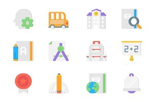 School 3d icons set. Pack flat pictograms of thinking, bus, building, textbook, homework, compasses, briefcase, mathematics lesson, bell, medal and other. Vector elements for mobile app and web design