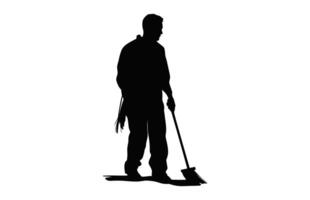Cleaning Man Silhouette isolated on a white background, Male Cleaner black Clipart, Sweeper boy Black and White Vector