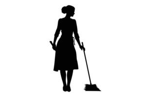 limpieza dama negro clipart, barrendero niña negro y blanco vector, mujer limpiador silueta aislado en un blanco antecedentes vector