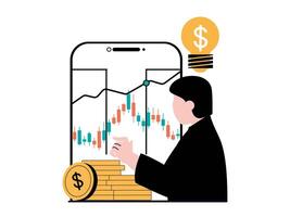 Stock trading concept with character situation. Man trader makes money on stock exchange, invests and monitors market using mobile app. Vector illustration with people scene in flat design for web