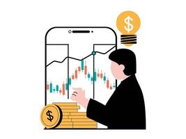 valores comercio concepto con personaje situación. hombre comerciante hace dinero en valores intercambio, invierte y monitores mercado utilizando móvil aplicación vector ilustración con personas escena en plano diseño para web