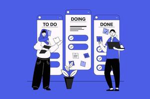 Kanban web concept with character scene in flat design. People using cards with tasks on board for visualizing workflow and works on project. Vector illustration for social media marketing material.