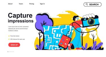 Capture impressions concept for landing page template. Woman travelling with photo camera and making images from vacation people scene. Vector illustration with flat character design for web banner