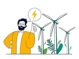 Green energy concept with character situation. Man uses wind turbines to generate electricity, alternative and ecological energy sources. Vector illustration with people scene in flat design for web