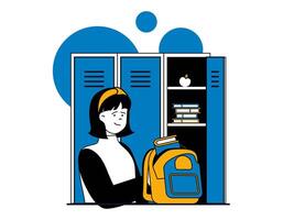 Education concept with character situation. Student with backpack stands at locker in hallway and takes books for next lesson in college. Vector illustrations with people scene in flat design for web