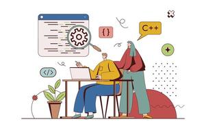 Programming software concept with character situation in flat design. Man and woman developers work in team, writing and testing code, optimize programs. Vector illustration with people scene for web