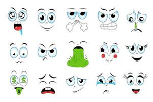 caras expresando diferente emociones conjunto gráfico elementos en plano diseño. haz de sonriente, babeando, enojado, agresivo, enfermo, triste, vómitos y otro cómic caras. vector ilustración aislado objetos