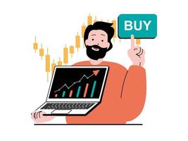 Stock trading concept with character situation. Man earning money and increases his investments from positive trends in stock exchange. Vector illustration with people scene in flat design for web