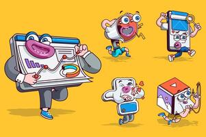 márketing concepto con 3d linda dibujos animados caracteres colocar. gracioso avatares de datos análisis informe, megáfono, redes teléfono inteligente, me gusta y promoción contenido. vector ilustración con cómic mascotas diseño