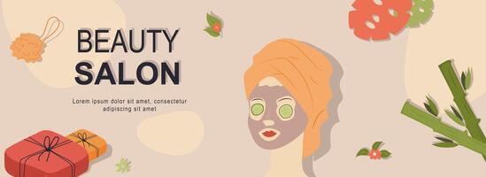 Beauty salon horizontal web banner. Woman in towel and facial moisturizing mask, sheet masks, gifts, bamboo plants in spa. Vector illustration for header website, cover templates in modern design