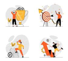 Business success concept with character set. Collection of scenes people increase company revenue at graphs, achieve goals and target aim, win gold trophy. Vector illustrations in flat web design