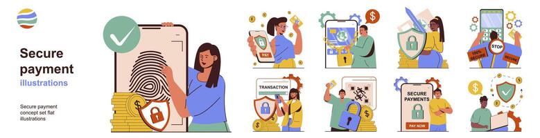 Secure payment concept with character situations collection. Bundle of scenes people get access to personal data or account with fingerprint scanner, password. Vector illustrations in flat web design