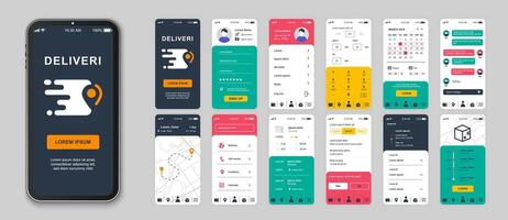 Delivery mobile app screens set for web templates. Pack of login, ordering package, customer support, online tracking parcel, other mockups. UI, UX, GUI user interface kit for layouts. Vector design