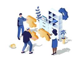 Teamwork in office concept 3d isometric web scene. People working together and collecting puzzle, doing job tasks, collaborate and support each other. Vector illustration in isometry graphic design