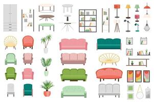 Furniture set graphic elements in flat design. Bundle of different tables, lamps, armchairs, plants, sofas, decor, chairs and other items for cozy home interior. Vector illustration isolated objects