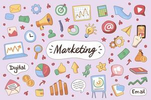 Marketing cute stickers set in flat cartoon design. Collection of strategy, megaphone, data analysis, diagram, email, laptop, target and other. Vector illustration for planner or organizer template