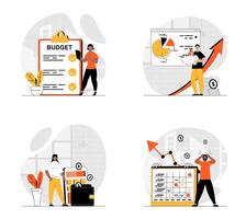 Business planning concept with character set. Collection of scenes people calculate budget, analyze financial data, invest in development, increase income. Vector illustrations in flat web design