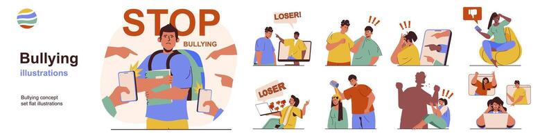 Bullying concept with character situations collection. Bundle of scenes people exposed to abuse and violence, toxic communication at school, work and Internet. Vector illustrations in flat web design