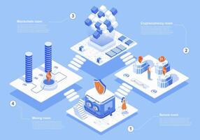 Cryptocurrency market concept 3d isometric web scene with infographic. People work and trade in abstract crypto farm, blockchain technology at platform. Vector illustration in isometry graphic design