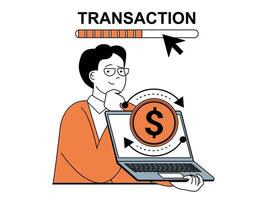 Finanzas concepto con personaje situación. hombre hace en línea transacción, paga cuentas y impuestos, ordenando y hace compras utilizando ordenador portátil. vector ilustración con personas escena en plano diseño para web