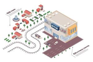Fitness gym concept 3d isometric web infographic workflow process. Infrastructure map with sport club for workout trainings, parking, town buildings. Vector illustration in isometry graphic design
