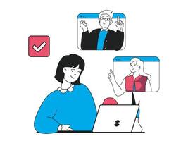 Freelance concept with character situation. Woman works on laptop with team remotely and communicates with colleagues in video conference. Vector illustration with people scene in flat design for web