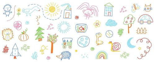 Cute kid scribble mega set in flat graphic design. Bundle elements of childish crayon doodle drawings with animals, characters, sun, trees, houses, rainbow, other. Vector illustration isolated objects