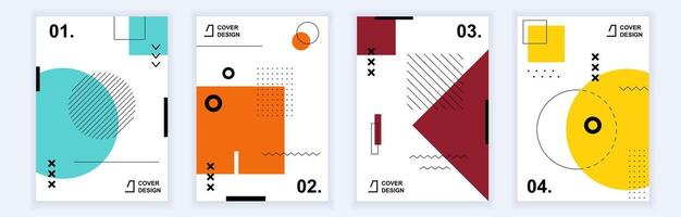 Abstract brochure covers set in modern minimal geometric design. Memphis style background templates with graphic circles, squares, triangles, dots and lines elements in A4 format. Vector illustration