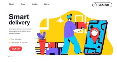 Smart delivery concept for landing page template. Courier holds box and delivering to client. Shipment service in mobile app people scene. Vector illustration with flat character design for web banner