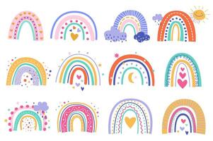 Cute abstract rainbows set graphic elements in flat design. Bundle of different rainbows with hearts, clouds, sun and other decor in boho or scandinavian style. Vector illustration isolated objects