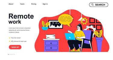 Remote work concept for landing page template. Woman working with laptop and communicates online. Freelancer workplace people scene. Vector illustration with flat character design for web banner