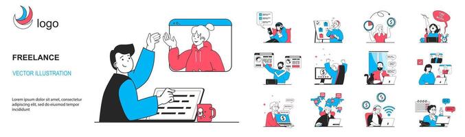 Lanza libre concepto con personaje situaciones recopilación. haz de escenas personas trabajando en línea, autónomos hacer tareas, que se discute en vídeo charlas, ganador ganancia. vector ilustraciones en plano web diseño