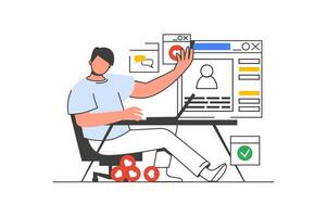 Social network outline web concept with character scene. Man browsing, likes photos in blog, comments. People situation in flat line design. Vector illustration for social media marketing material.