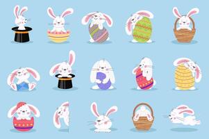 Pascua de Resurrección conejito conjunto gráfico elementos en plano diseño. haz de linda blanco conejos participación vistoso huevos con diferente festivo patrones, sentar en negro sombreros o canastas vector ilustración aislado objetos
