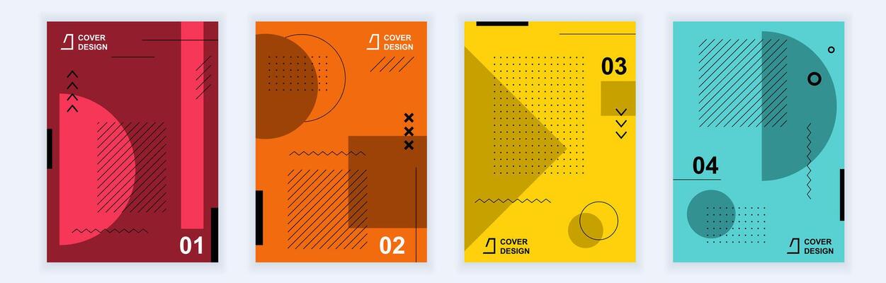 Abstract brochure covers set in modern minimal geometric design. Memphis style background templates with different geometry graphic shapes, lines and dots in A4 format for poster. Vector illustration