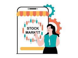 Stock trading concept with character situation. Woman analysis charts and graphs, works with data and makes trend forecast at mobile app. Vector illustration with people scene in flat design for web