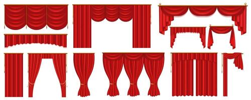 Realistic red curtains mega set in flat graphic design. Bundle elements of different border shapes of silk drapery interior textile for theater stage decoration. Vector illustration isolated objects