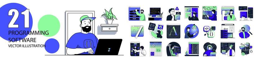 Programming software concept with character situations collection. Bundle of scenes people coding and testing, creating programs and apps, working IT industry. Vector illustrations in flat web design